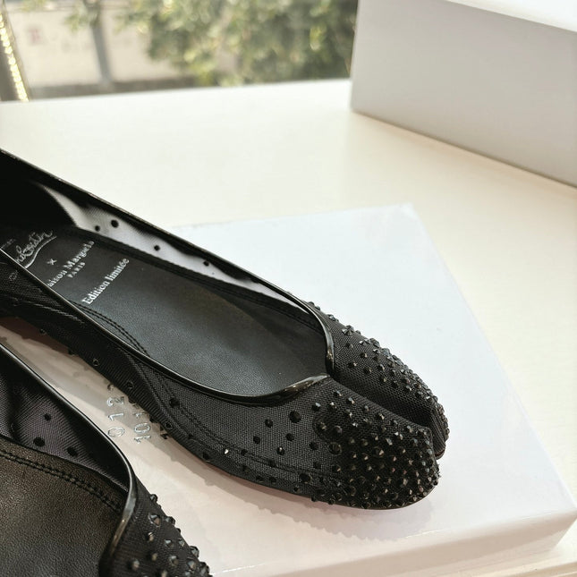 CRYSTAL STUDDED MARLOUGIELA STRASS BALLERINAS IN BLACK CALFSKIN