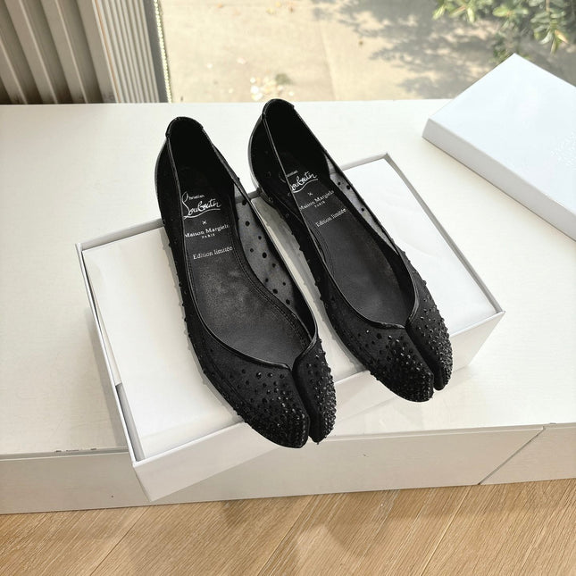 CRYSTAL STUDDED MARLOUGIELA STRASS BALLERINAS IN BLACK CALFSKIN