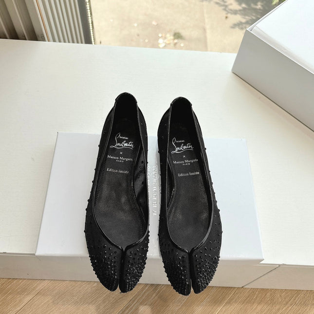 CRYSTAL STUDDED MARLOUGIELA STRASS BALLERINAS IN BLACK CALFSKIN