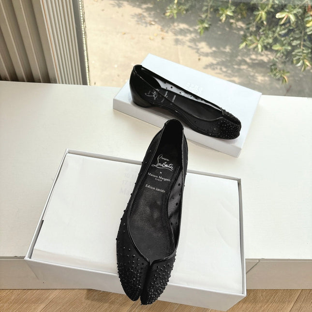 CRYSTAL STUDDED MARLOUGIELA STRASS BALLERINAS IN BLACK CALFSKIN