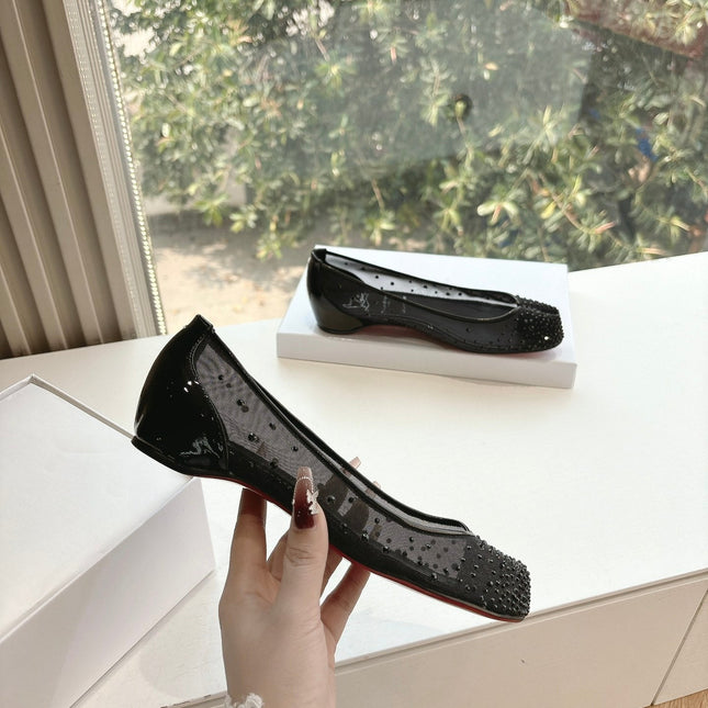 CRYSTAL STUDDED MARLOUGIELA STRASS BALLERINAS IN BLACK CALFSKIN