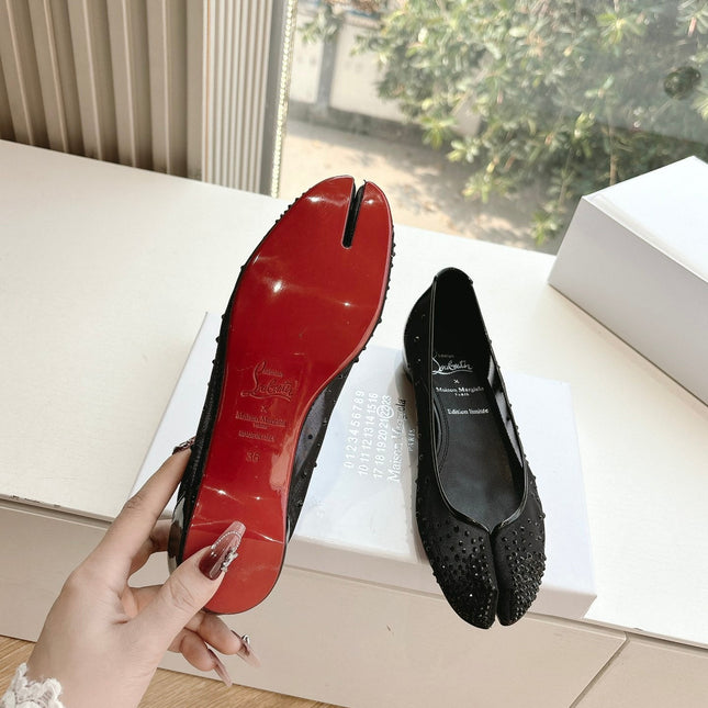 CRYSTAL STUDDED MARLOUGIELA STRASS BALLERINAS IN BLACK CALFSKIN