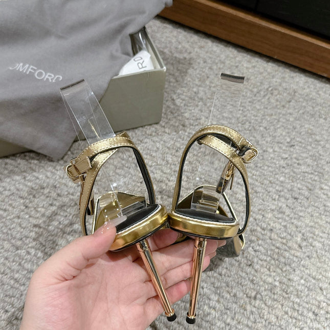 PADLOCK POINTY NAKED SANDAL 85 MM IN GOLD CALFSKIN