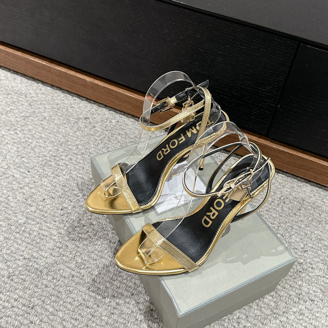 PADLOCK POINTY NAKED SANDAL 85 MM IN GOLD CALFSKIN