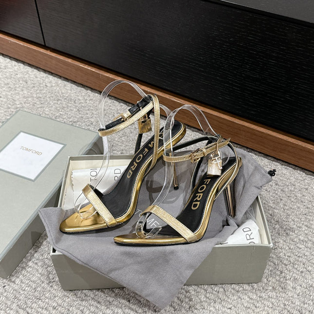 PADLOCK POINTY NAKED SANDAL 85 MM IN GOLD CALFSKIN