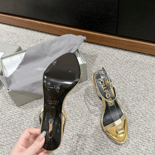 PADLOCK POINTY NAKED SANDAL 85 MM IN GOLD CALFSKIN