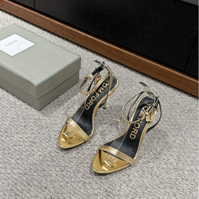 PADLOCK POINTY NAKED SANDAL 85 MM IN GOLD CALFSKIN