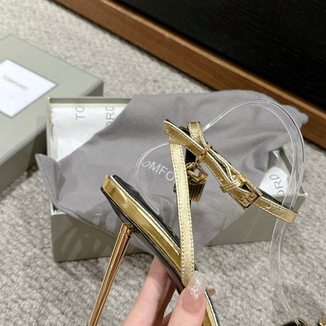 PADLOCK POINTY NAKED SANDAL 85 MM IN GOLD CALFSKIN