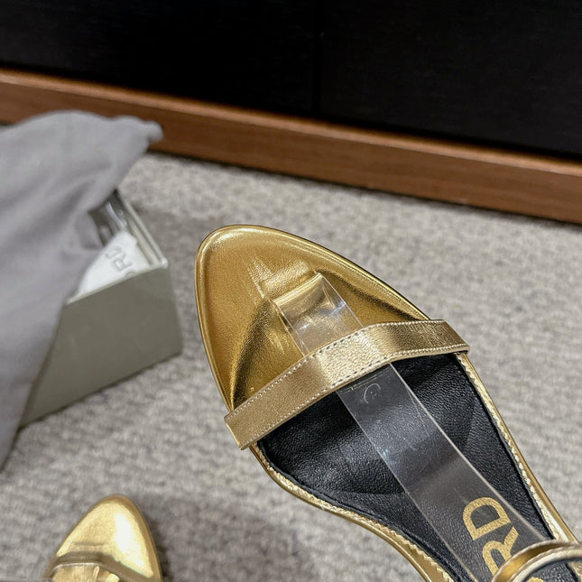 PADLOCK POINTY NAKED SANDAL 85 MM IN GOLD CALFSKIN