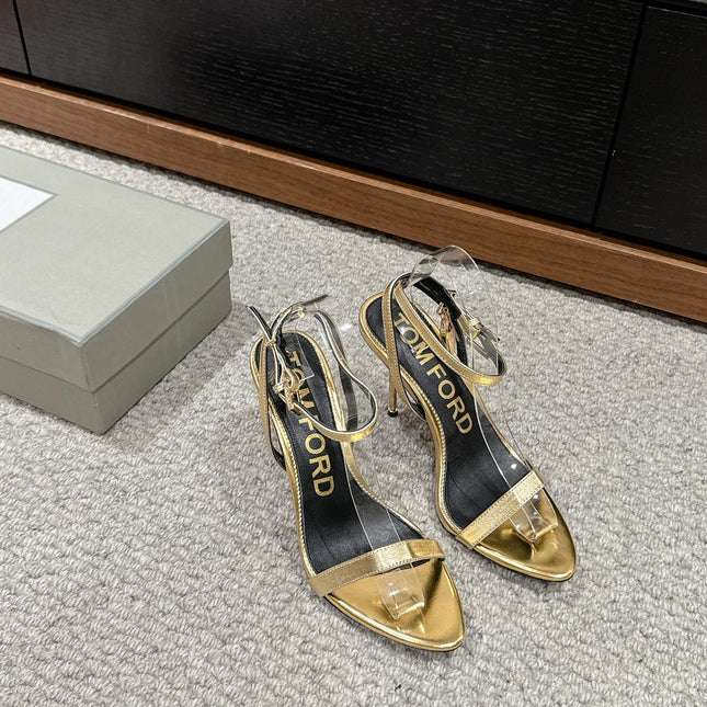 PADLOCK POINTY NAKED SANDAL 85 MM IN GOLD CALFSKIN