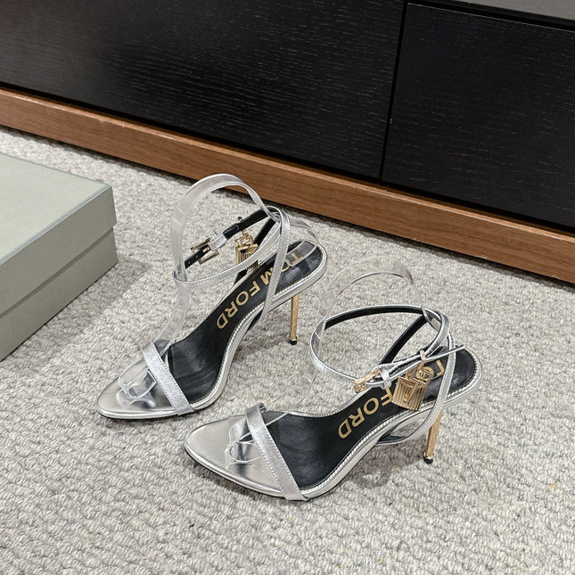 PADLOCK POINTY NAKED SANDAL 85 MM IN SILVER CALFSKIN