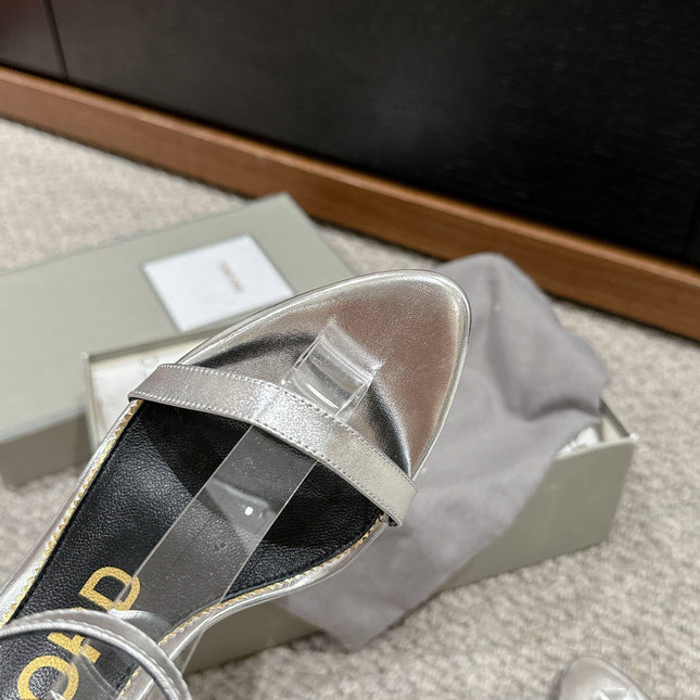 PADLOCK POINTY NAKED SANDAL 85 MM IN SILVER CALFSKIN