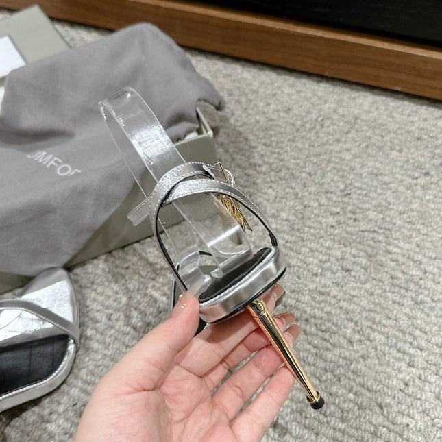 PADLOCK POINTY NAKED SANDAL 85 MM IN SILVER CALFSKIN