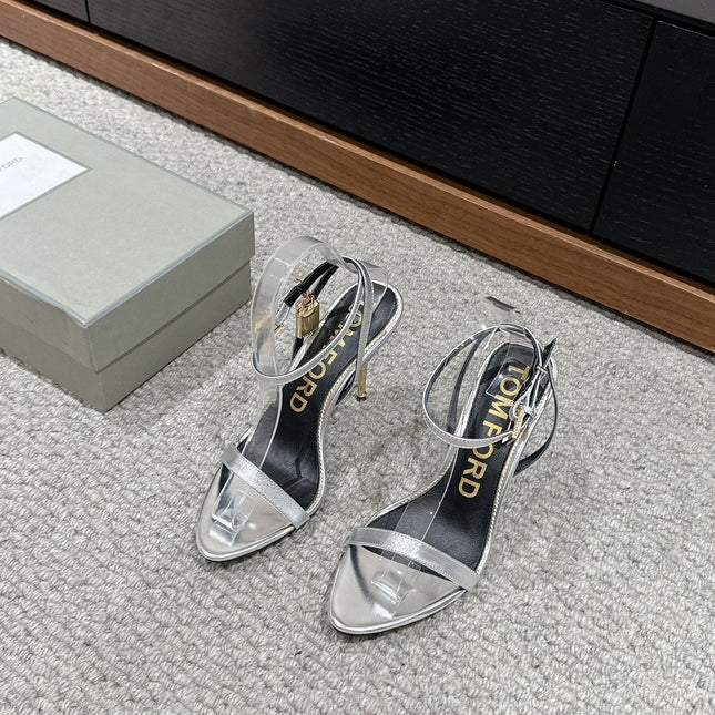 PADLOCK POINTY NAKED SANDAL 85 MM IN SILVER CALFSKIN