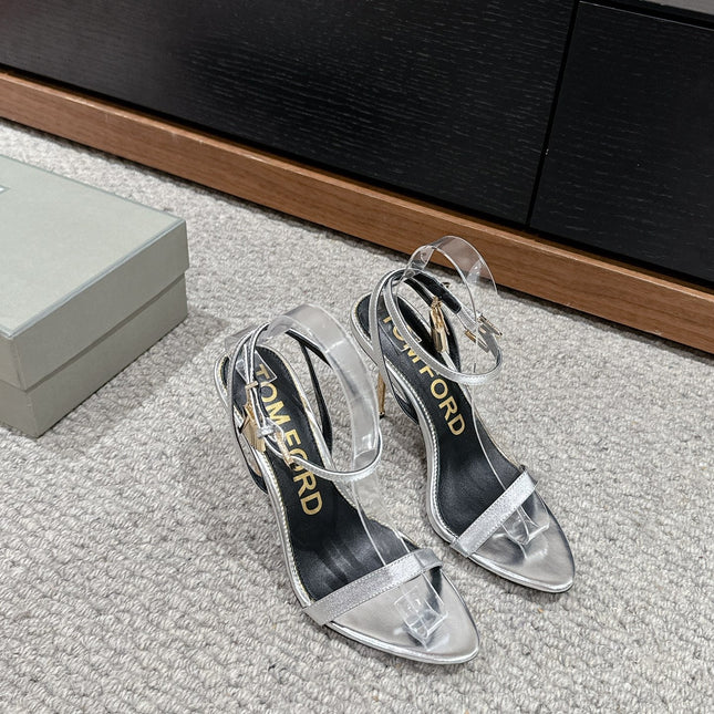 PADLOCK POINTY NAKED SANDAL 85 MM IN SILVER CALFSKIN