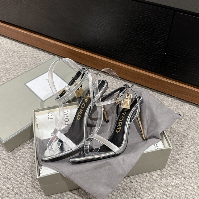 PADLOCK POINTY NAKED SANDAL 85 MM IN SILVER CALFSKIN