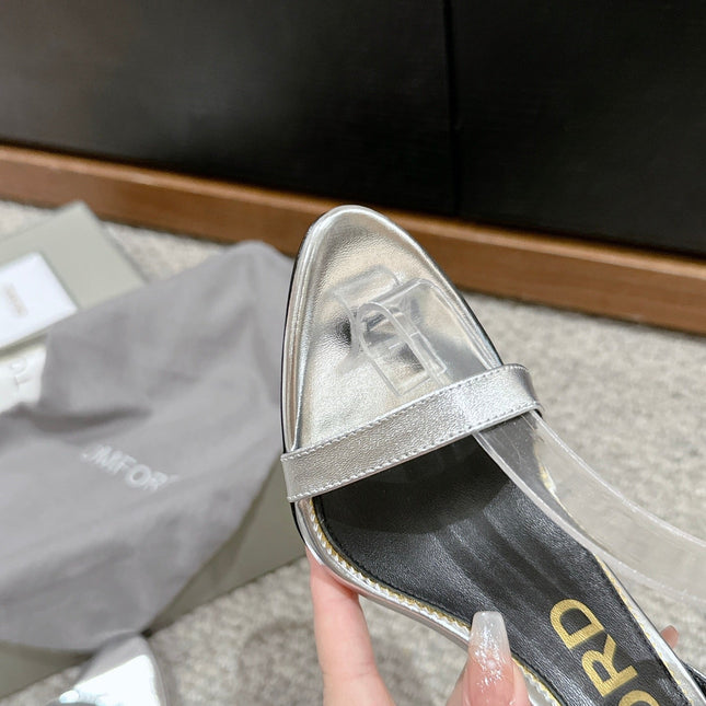 PADLOCK POINTY NAKED SANDAL 85 MM IN SILVER CALFSKIN