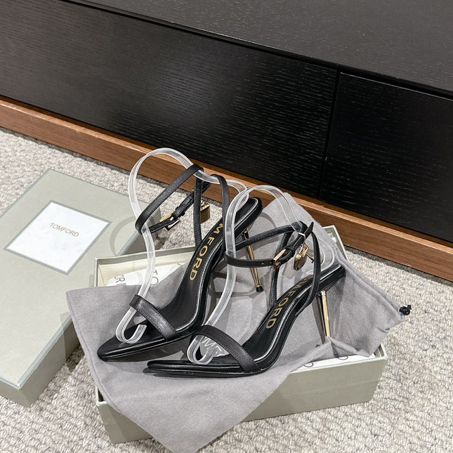 PADLOCK POINTY NAKED SANDAL 85 MM IN BLACK CALFSKIN