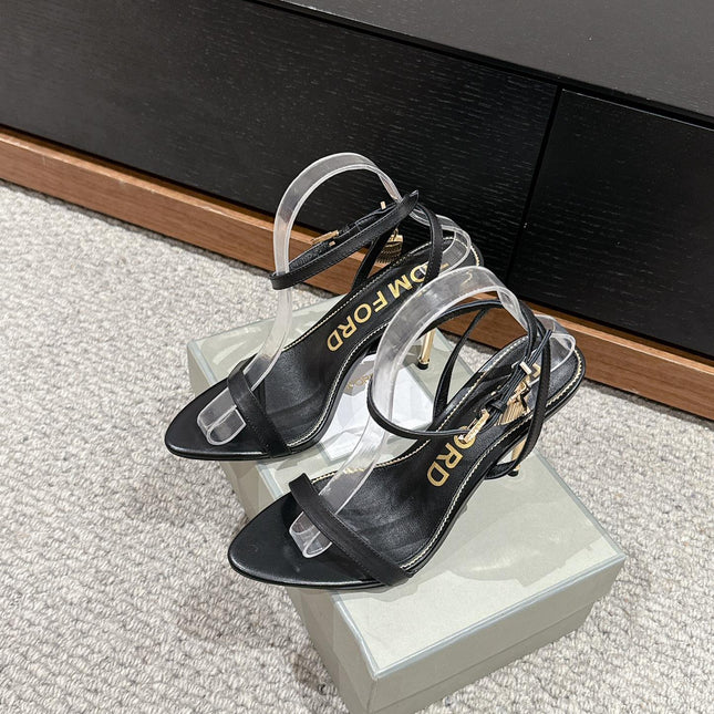 PADLOCK POINTY NAKED SANDAL 85 MM IN BLACK CALFSKIN