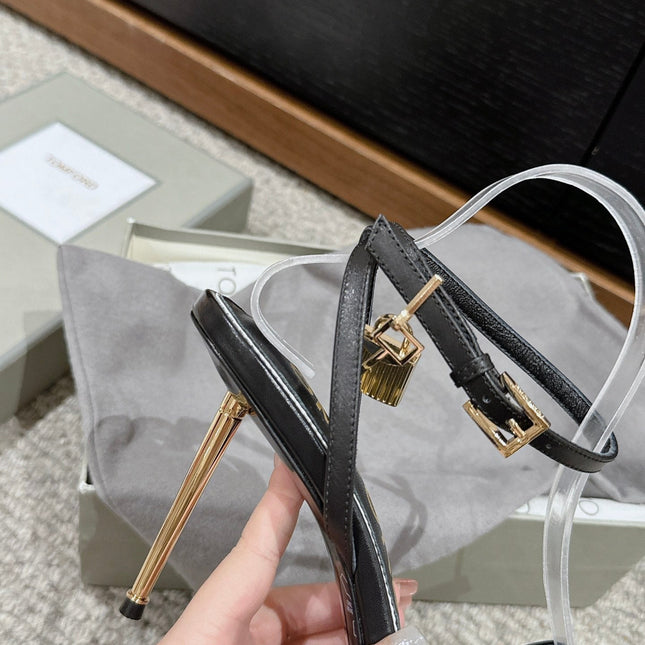 PADLOCK POINTY NAKED SANDAL 85 MM IN BLACK CALFSKIN