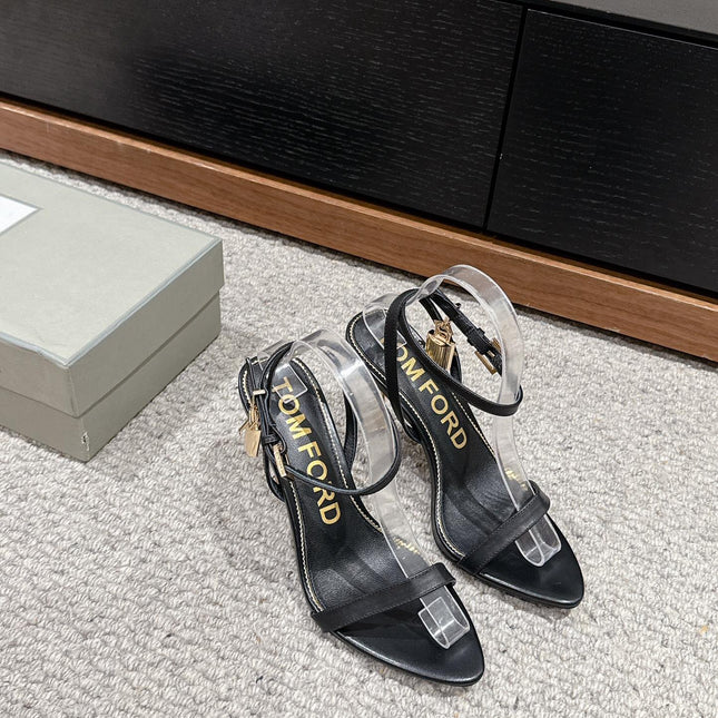 PADLOCK POINTY NAKED SANDAL 85 MM IN BLACK CALFSKIN