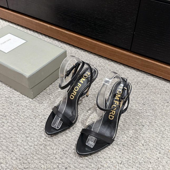 PADLOCK POINTY NAKED SANDAL 85 MM IN BLACK CALFSKIN