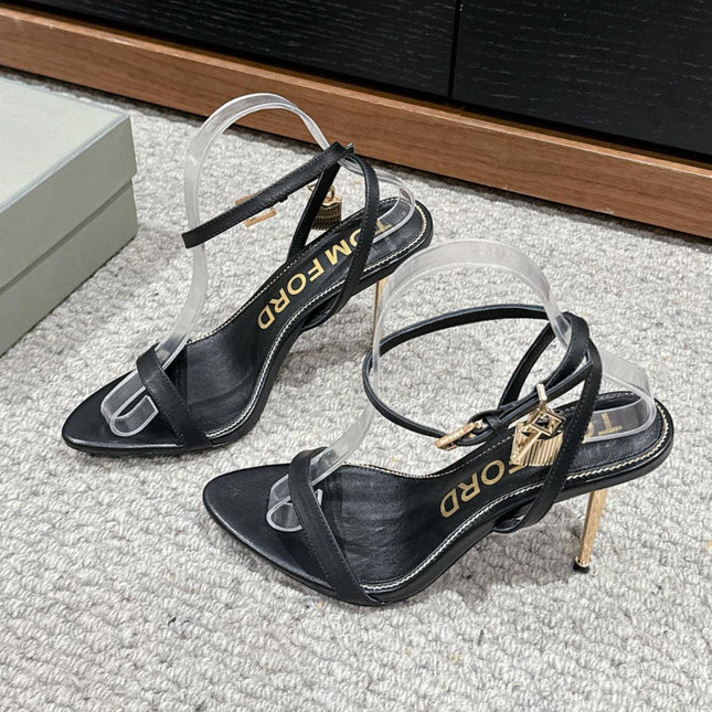 PADLOCK POINTY NAKED SANDAL 85 MM IN BLACK CALFSKIN