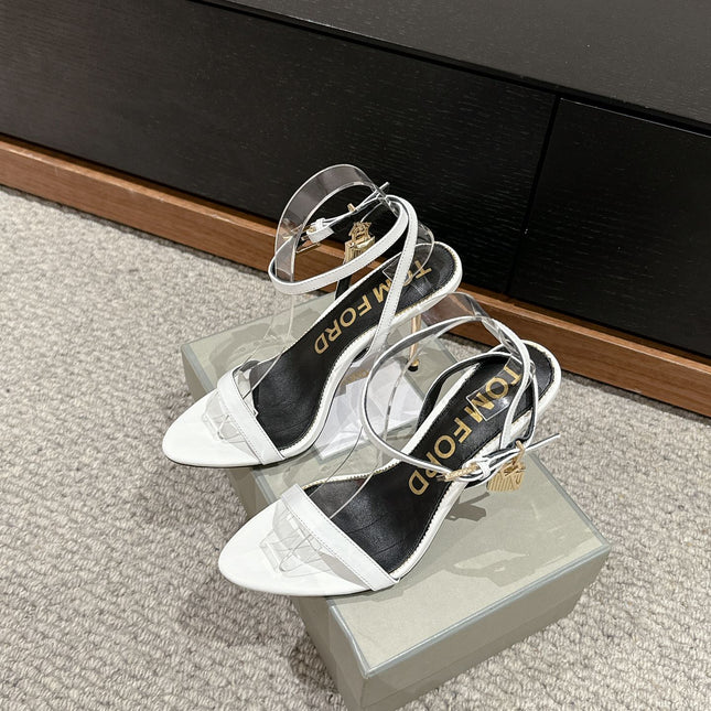 PADLOCK POINTY NAKED SANDAL 85 MM IN WHITE CALFSKIN