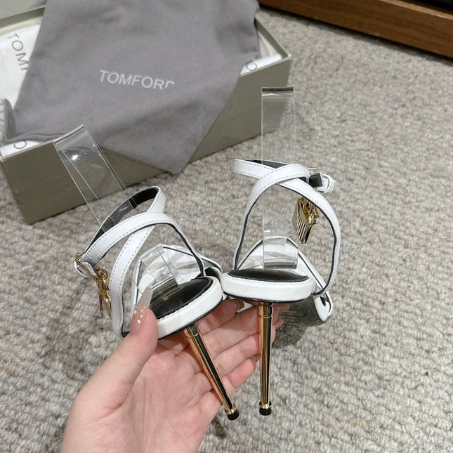 PADLOCK POINTY NAKED SANDAL 85 MM IN WHITE CALFSKIN