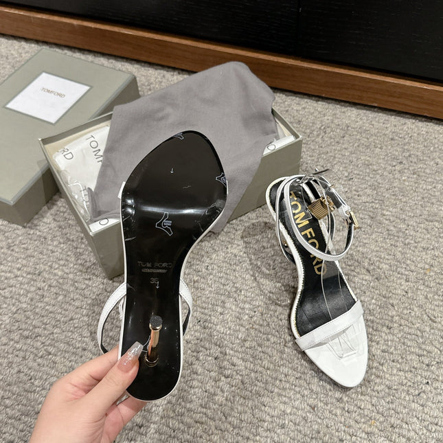 PADLOCK POINTY NAKED SANDAL 85 MM IN WHITE CALFSKIN