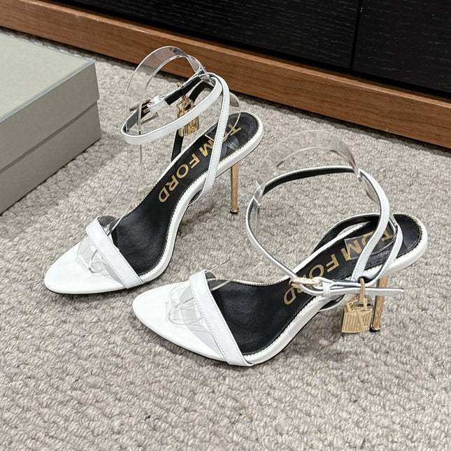 PADLOCK POINTY NAKED SANDAL 85 MM IN WHITE CALFSKIN