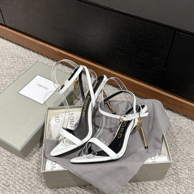 PADLOCK POINTY NAKED SANDAL 85 MM IN WHITE CALFSKIN