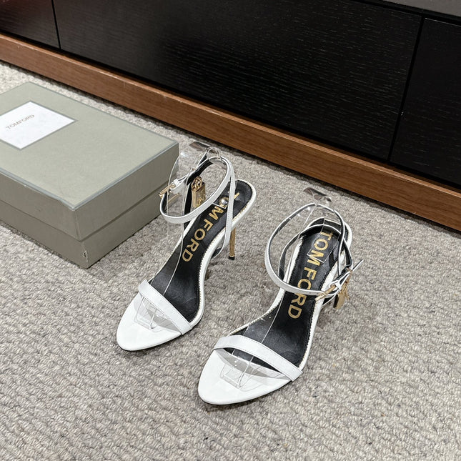 PADLOCK POINTY NAKED SANDAL 85 MM IN WHITE CALFSKIN