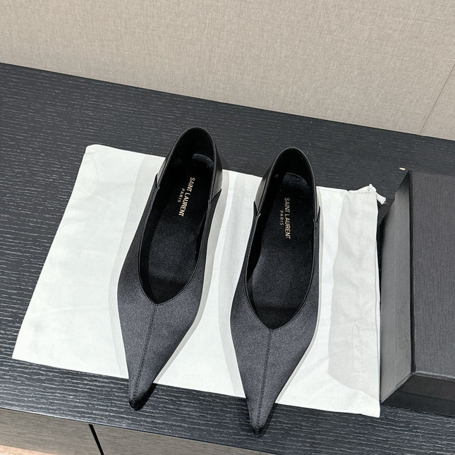 SL NOUR POINTED TOE BALLET BLACK SATIN