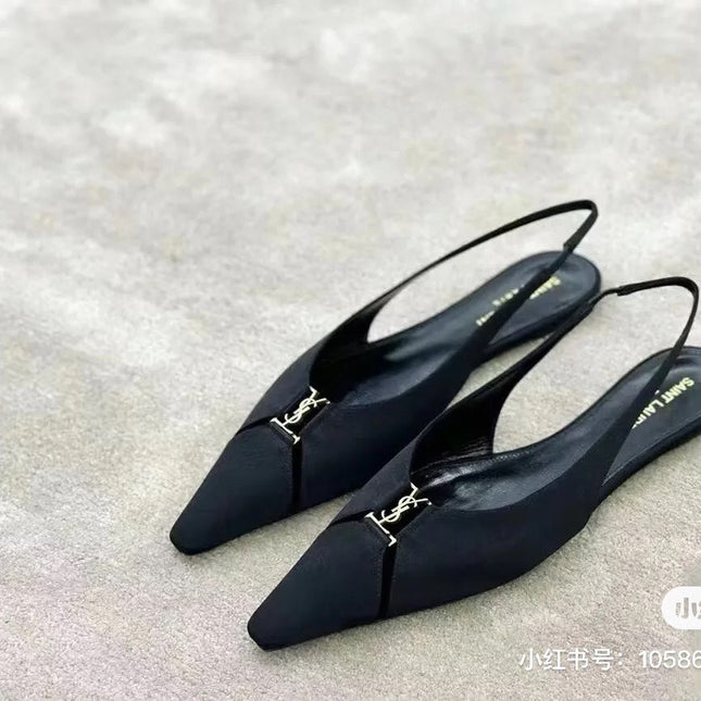 SL BABYLONE SLINGBACK FLAT BLACK SATIN CREPE