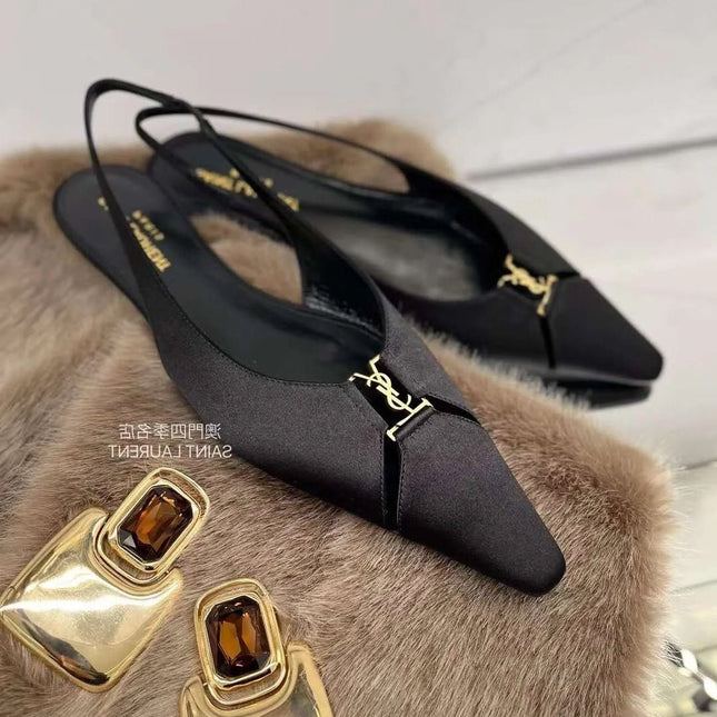 SL BABYLONE SLINGBACK FLAT BLACK SATIN CREPE