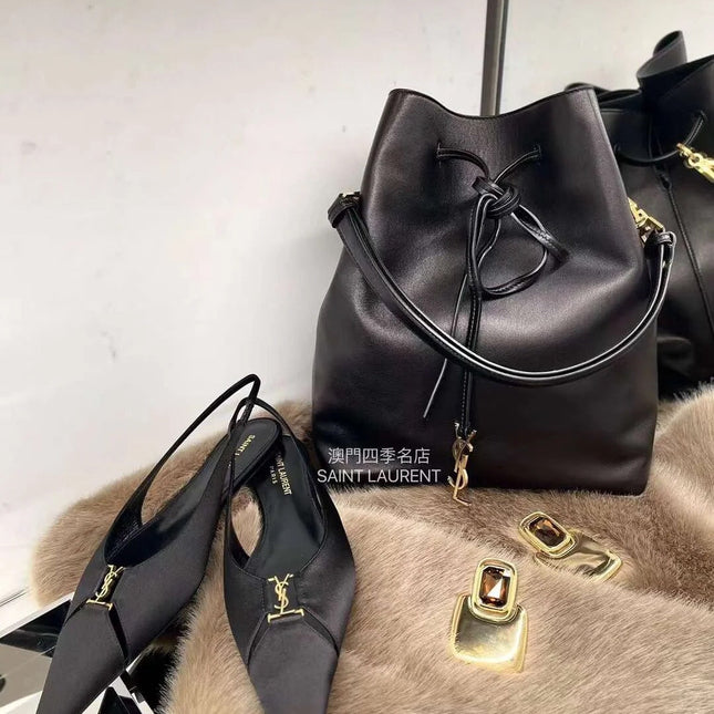 SL BABYLONE SLINGBACK FLAT BLACK SATIN CREPE