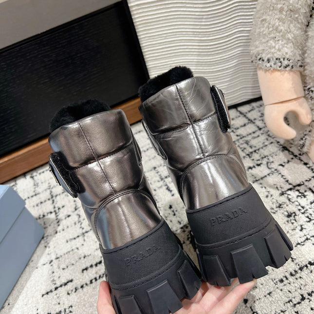 MONOLITH ANKLE BOOTS WITH STRAP IN METALLIC GRAY CALFSKIN AND FLEECE LINING