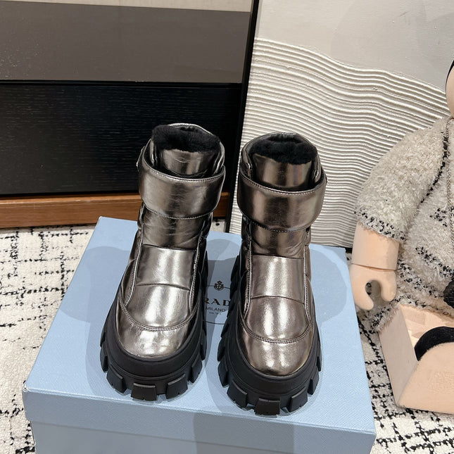 MONOLITH ANKLE BOOTS WITH STRAP IN METALLIC GRAY CALFSKIN AND FLEECE LINING