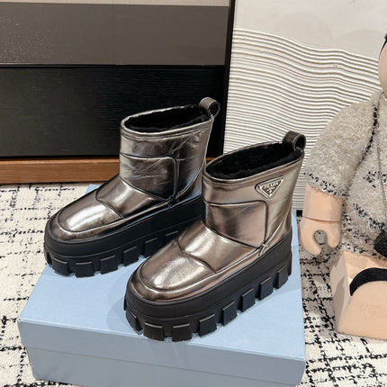 MONOLITH ANKLE BOOTS IN METALLIC GRAY CALFSKIN AND LAMB FUR LINING