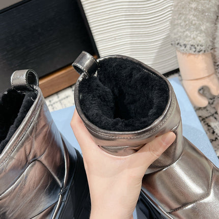 MONOLITH ANKLE BOOTS IN METALLIC GRAY CALFSKIN AND LAMB FUR LINING