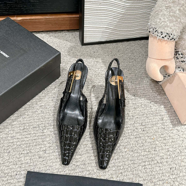 LEE SLINGBACK MID PUMPS IN BLACK CROCODILE SHINY CALFSKIN