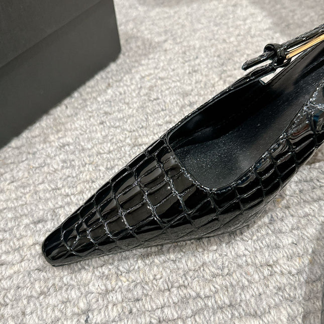 LEE SLINGBACK MID PUMPS IN BLACK CROCODILE SHINY CALFSKIN
