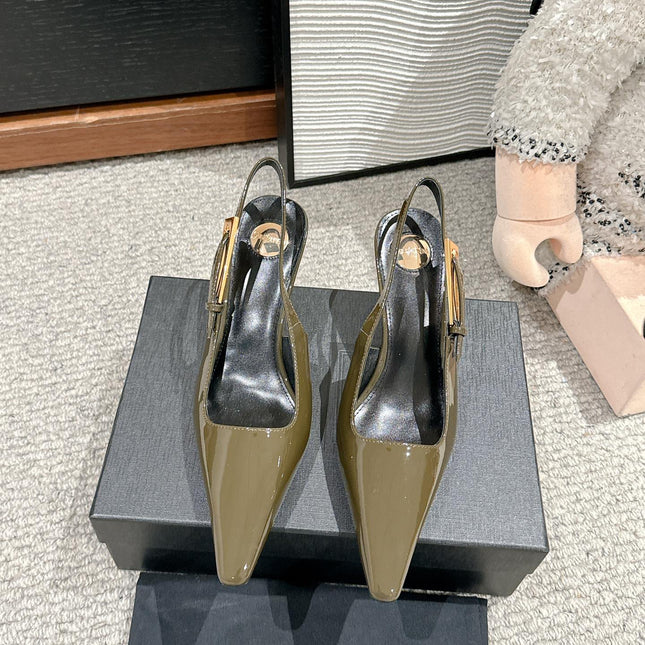 LEE SLINGBACK MID PUMPS IN ARMY GREEN SHINY CALFSKIN