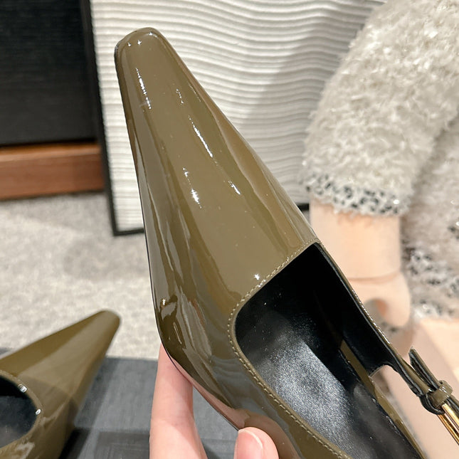 LEE SLINGBACK MID PUMPS IN ARMY GREEN SHINY CALFSKIN