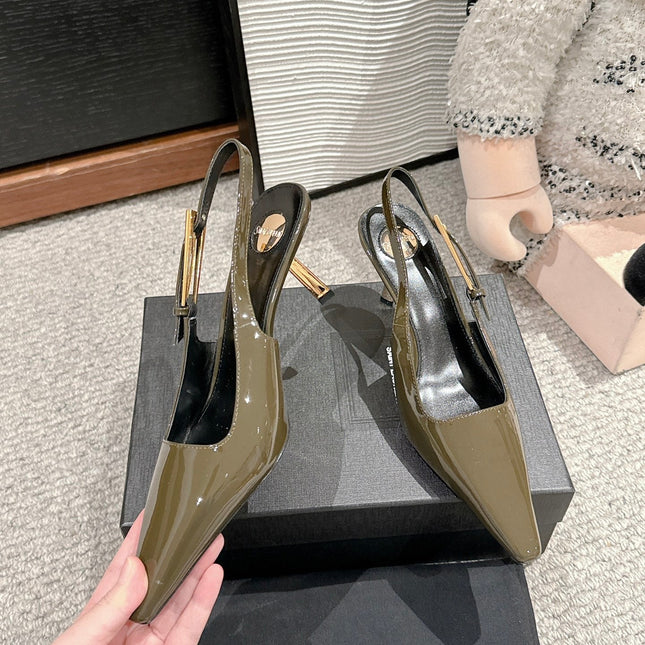 LEE SLINGBACK MID PUMPS IN ARMY GREEN SHINY CALFSKIN