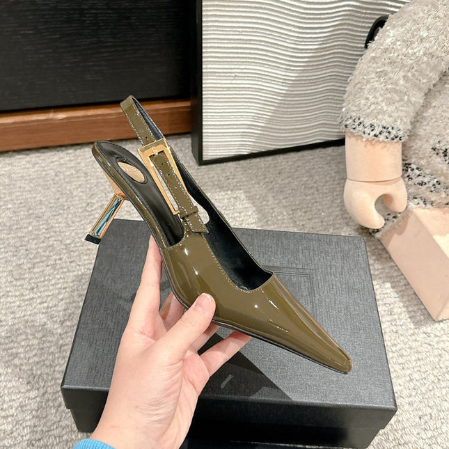 LEE SLINGBACK MID PUMPS IN ARMY GREEN SHINY CALFSKIN