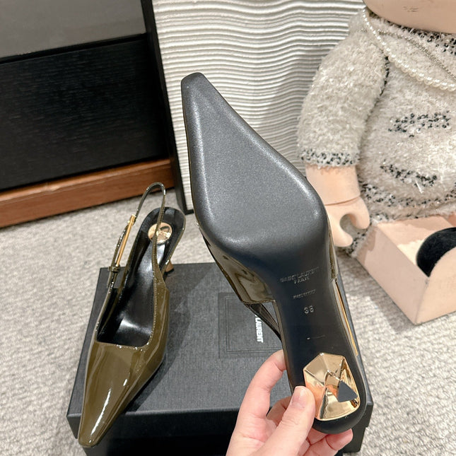 LEE SLINGBACK MID PUMPS IN ARMY GREEN SHINY CALFSKIN