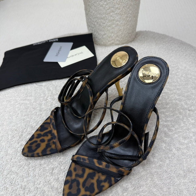 YSL 25S STRAPPY HIGH-HEEL SANDALS 95 MM IN LEOPARD PRINT LAMBSKIN