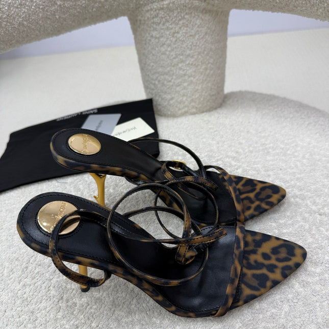 YSL 25S STRAPPY HIGH-HEEL SANDALS 95 MM IN LEOPARD PRINT LAMBSKIN